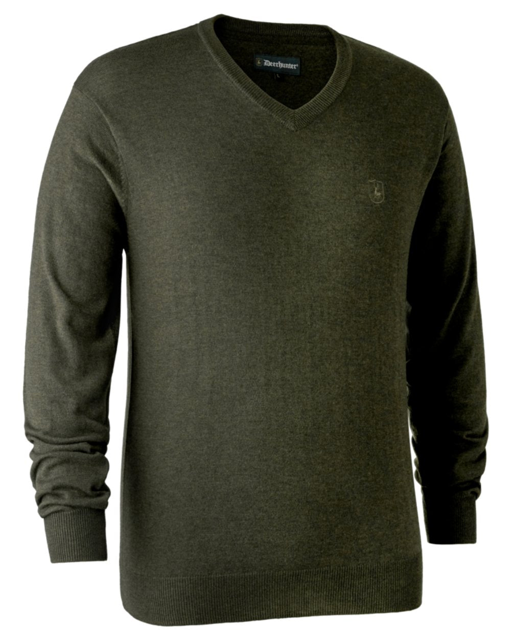 Green Melange coloured Deerhunter Kingston Knit V-Neck Jumper on white background #colour_green-melange