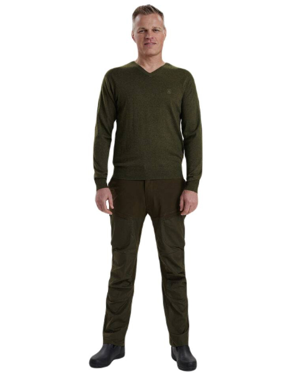 Green Melange coloured Deerhunter Kingston Knit V-Neck Jumper on white background #colour_green-melange