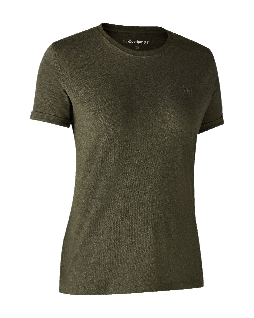 Adventure Green Melange coloured Deerhunter Ladies Basic 2-Pack T-Shirt on white background #colour_adventure-green-melange