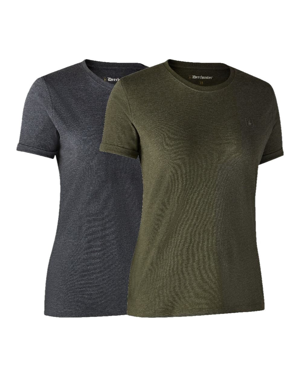 Adventure Green Melange coloured Deerhunter Ladies Basic 2-Pack T-Shirt on white background #colour_adventure-green-melange