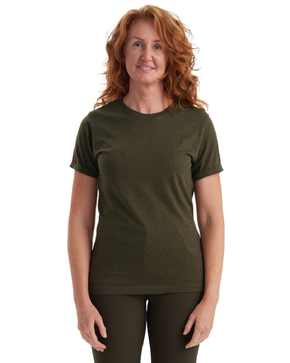 Adventure Green Melange coloured Deerhunter Ladies Basic 2-Pack T-Shirt on white background #colour_adventure-green-melange