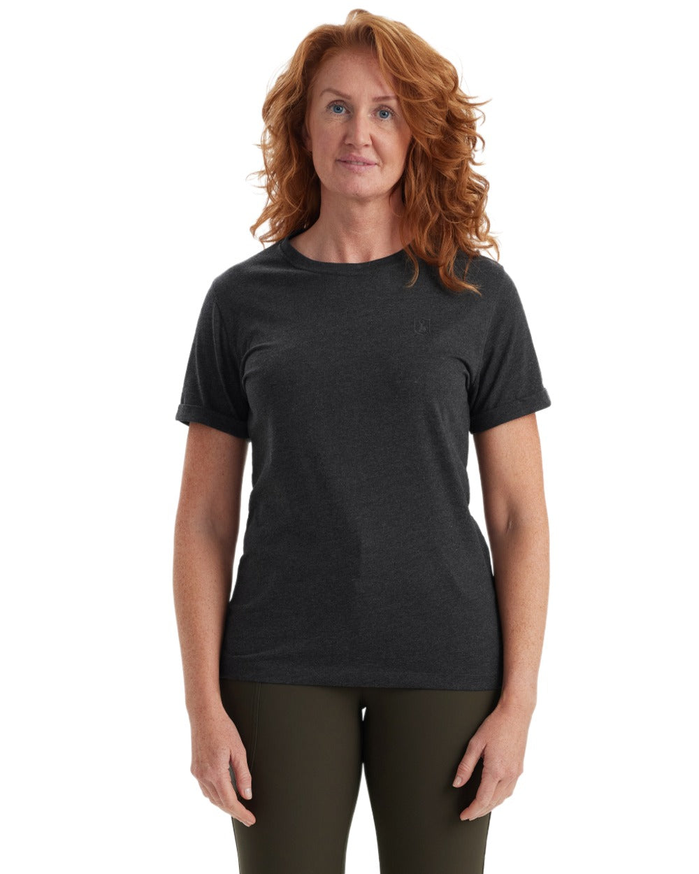 Adventure Green Melange coloured Deerhunter Ladies Basic 2-Pack T-Shirt on white background #colour_adventure-green-melange