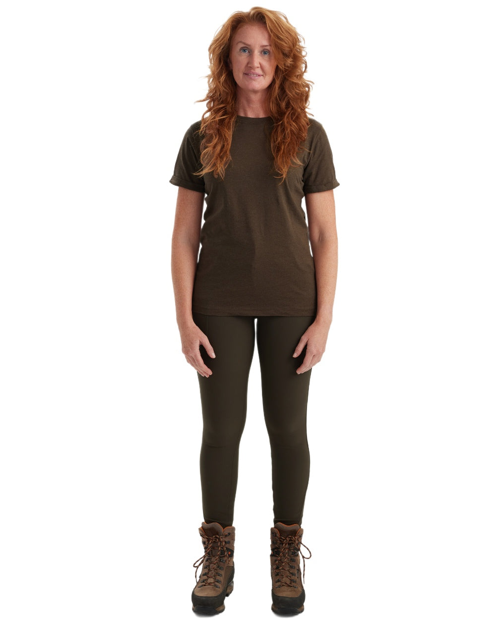 Adventure Green Melange Brown Leaf Melange coloured Deerhunter Ladies Basic 2-Pack T-Shirt on white background #colour_adventure-green-melange-brown-leaf-melange