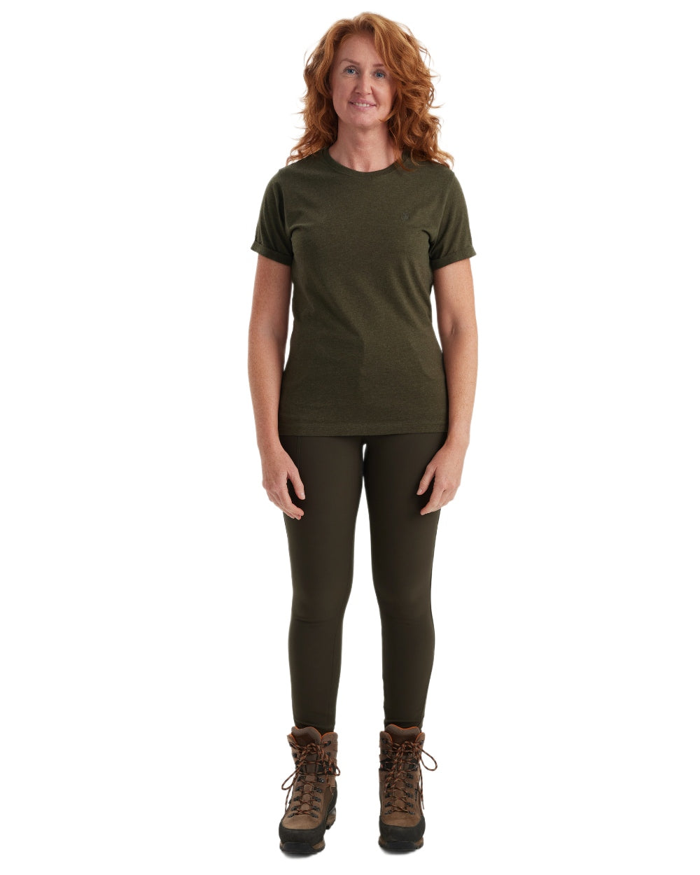 Adventure Green Melange Brown Leaf Melange coloured Deerhunter Ladies Basic 2-Pack T-Shirt on white background #colour_adventure-green-melange-brown-leaf-melange