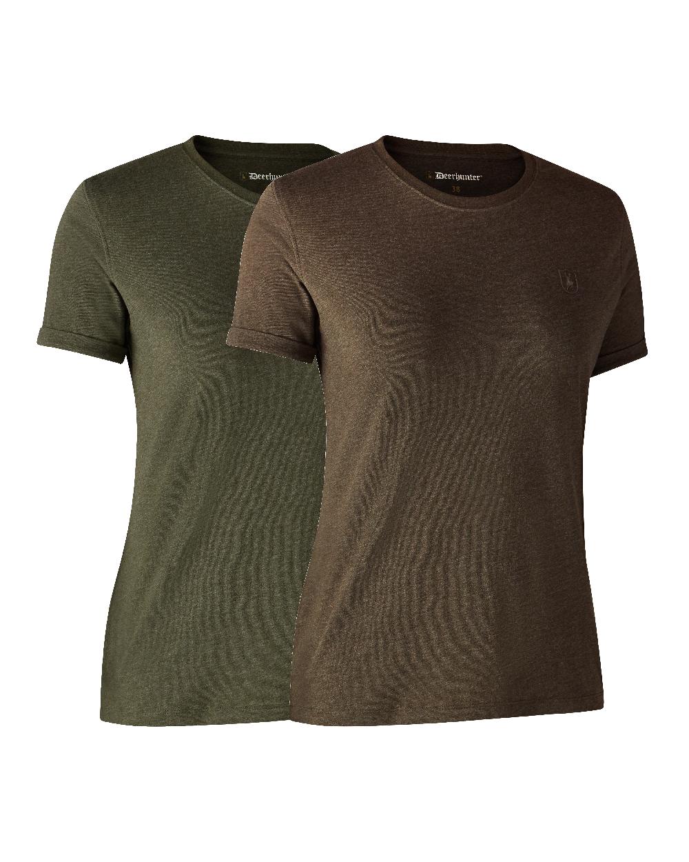 Adventure Green Melange Brown Leaf Melange coloured Deerhunter Ladies Basic 2-Pack T-Shirt on white background #colour_adventure-green-melange-brown-leaf-melange