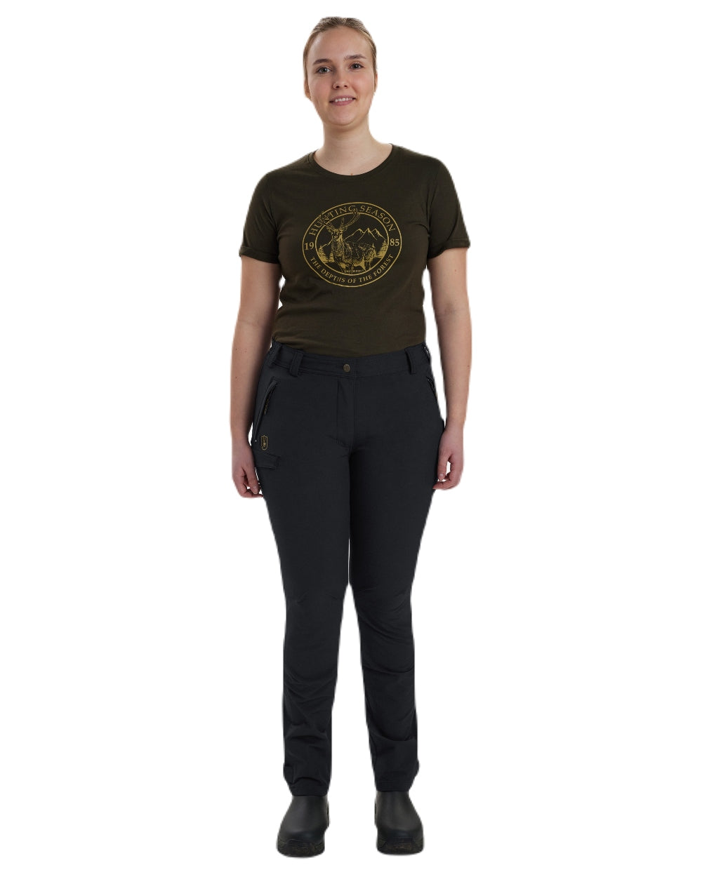 Black coloured Deerhunter Lady Ann Stretch Trousers on white background #colour_black