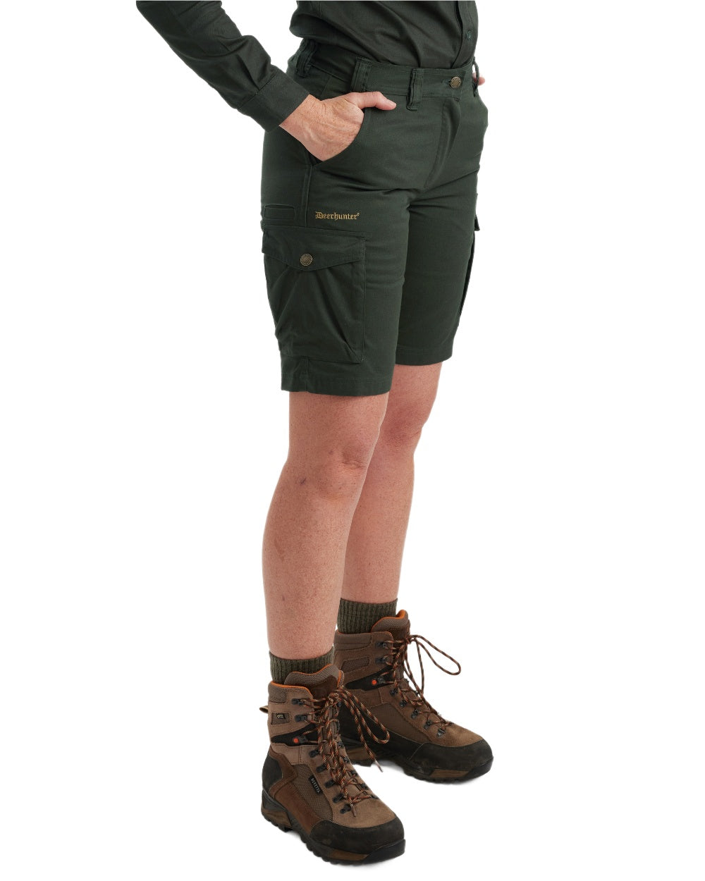 Timber coloured Deerhunter Lady Atlas Shorts on white background #colour_timber