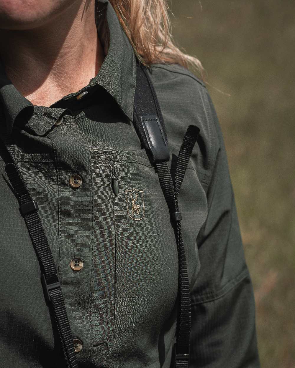 Forest Green coloured Deerhunter Lady Canopy Shirt on blurry background #colour_forest-green