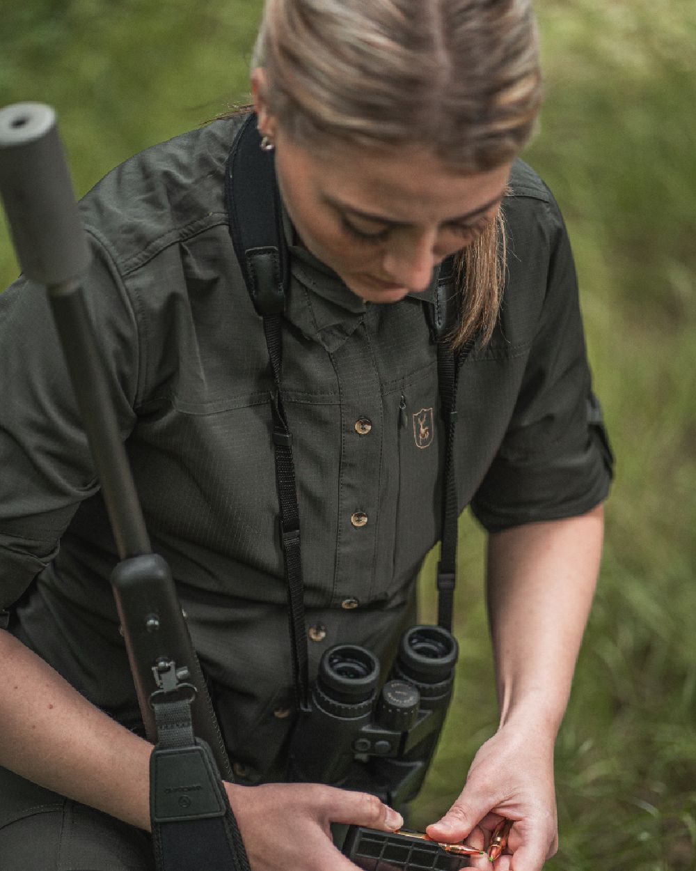 Forest Green coloured Deerhunter Lady Canopy Shirt on blurry background #colour_forest-green