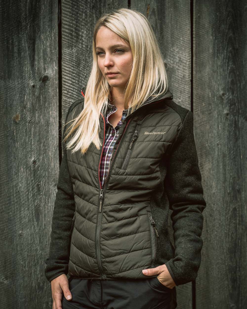 Timber Coloured Deerhunter Lady Caroline Padded Jacket on wooden door background #colour_timber