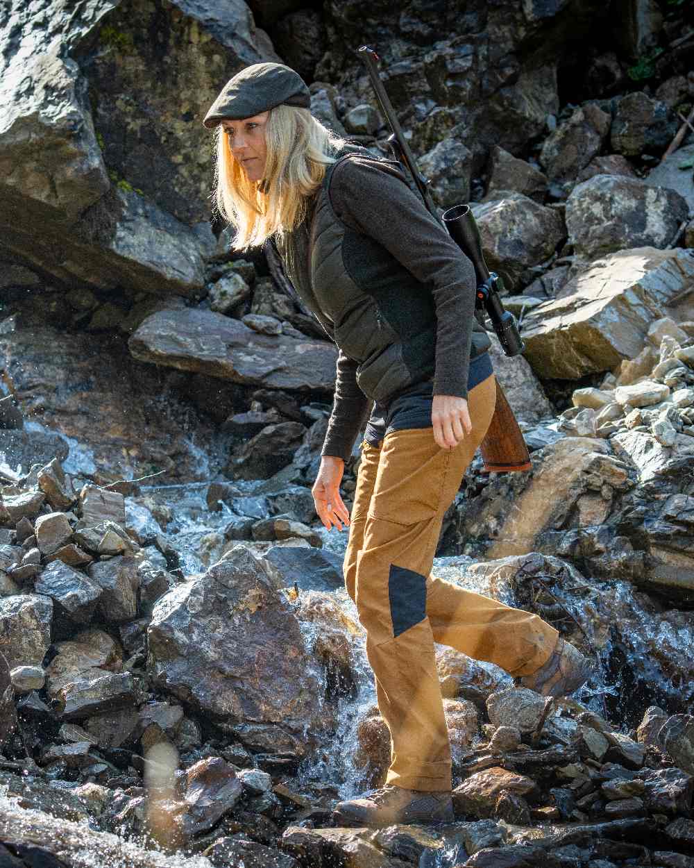Timber Coloured Deerhunter Lady Caroline Padded Waistcoat on mountain background #colour_timber