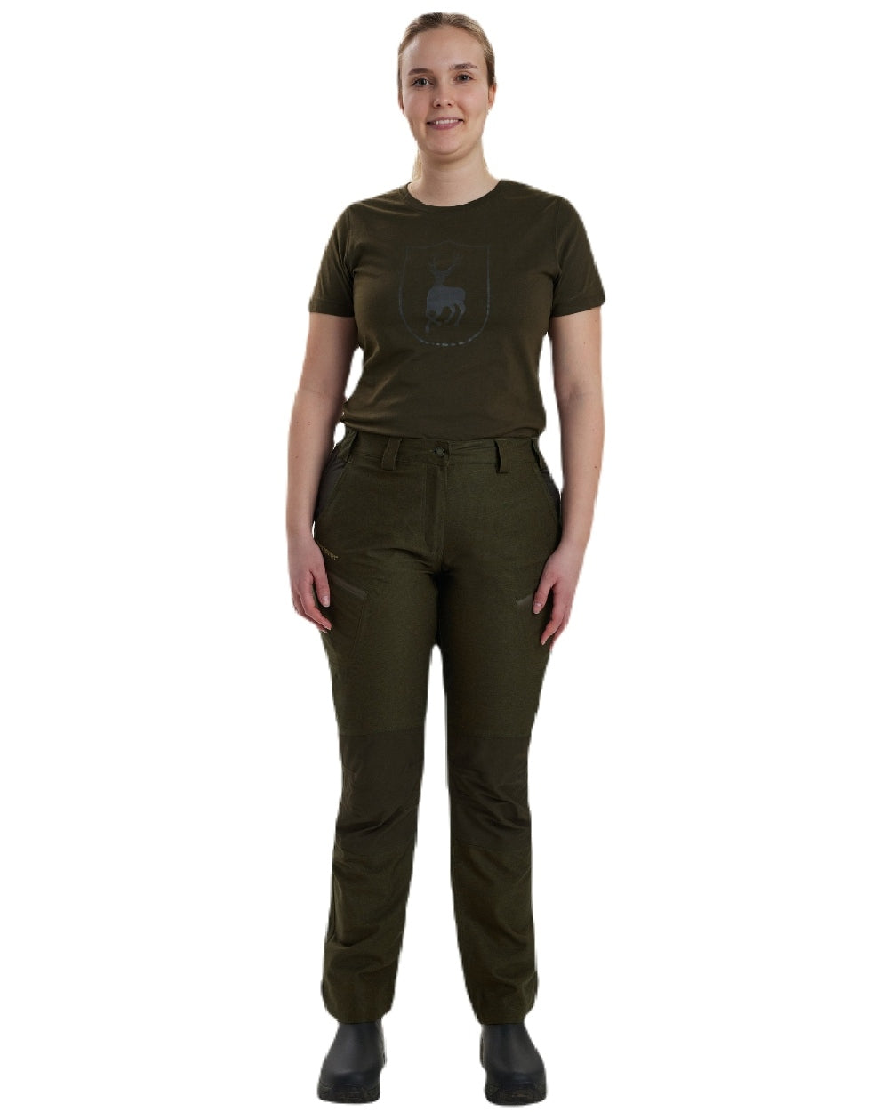 Olive Night Melange coloured Deerhunter Lady Chasse Trousers on white background #colour_olive-night-melange