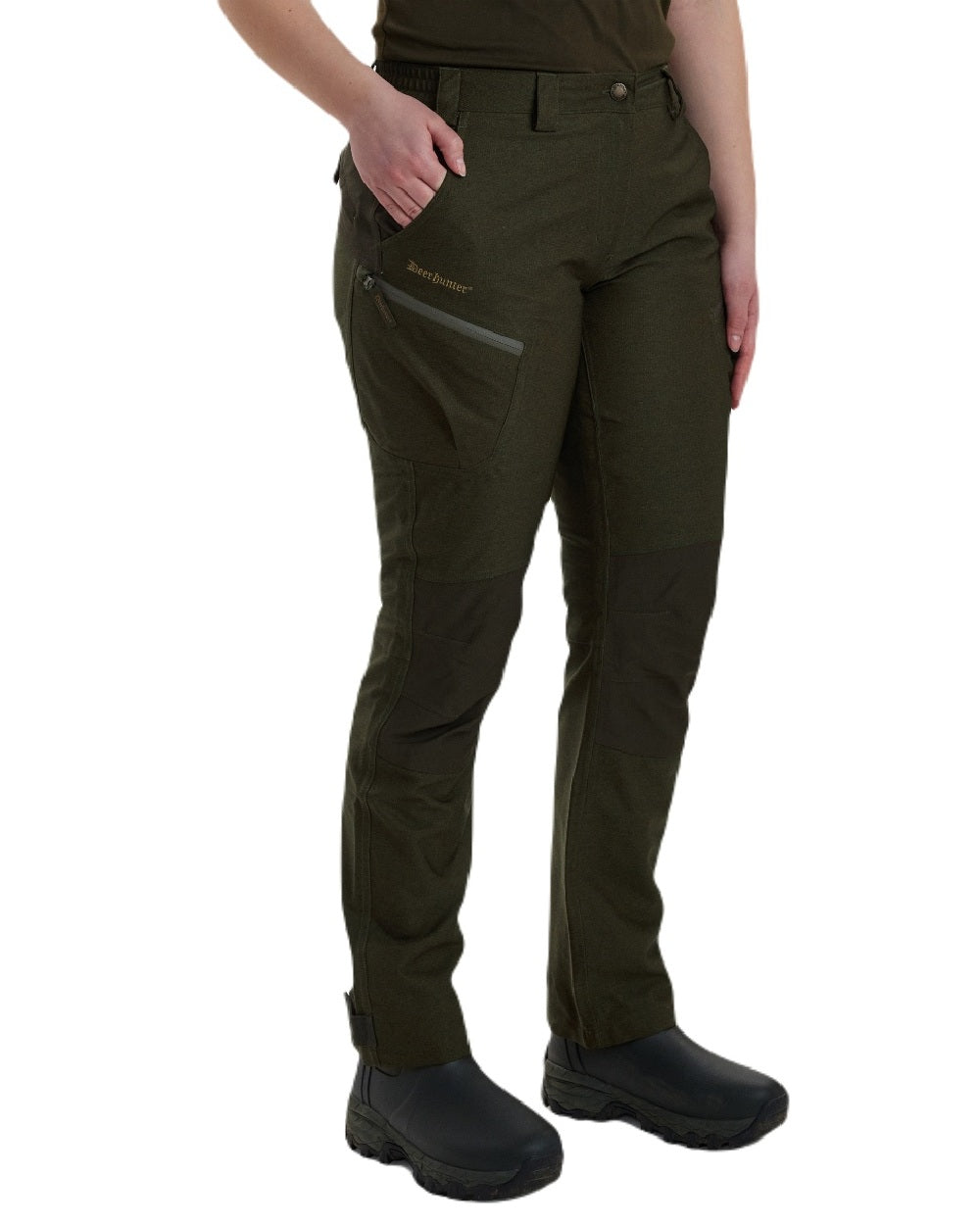 Olive Night Melange coloured Deerhunter Lady Chasse Trousers on white background #colour_olive-night-melange