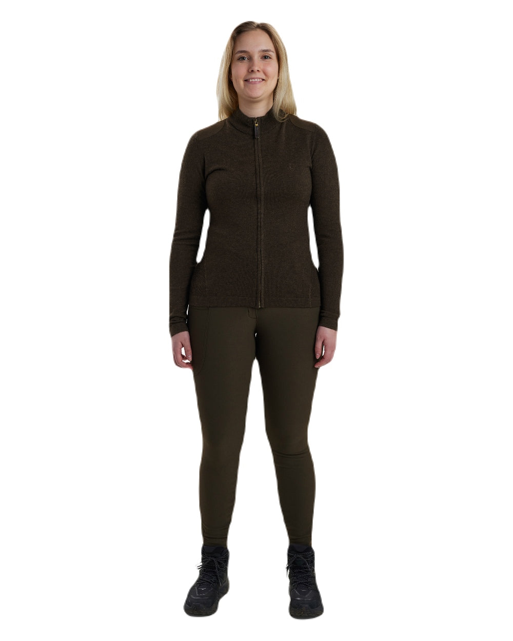 Dark Elm coloured Deerhunter Lady Darlington Full Zip Cardigan on white background #colour_dark-elm