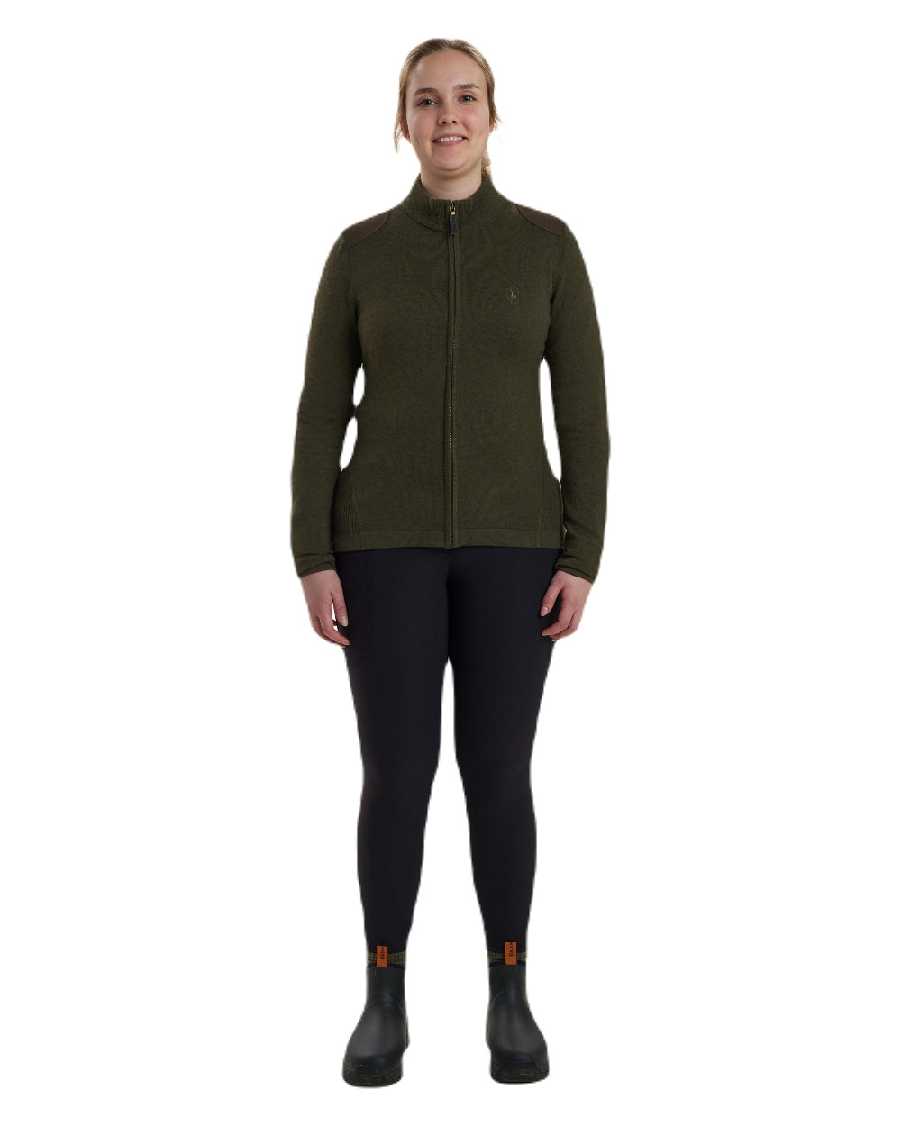Green Melange coloured Deerhunter Lady Darlington Full Zip Cardigan on white background #colour_green-melange