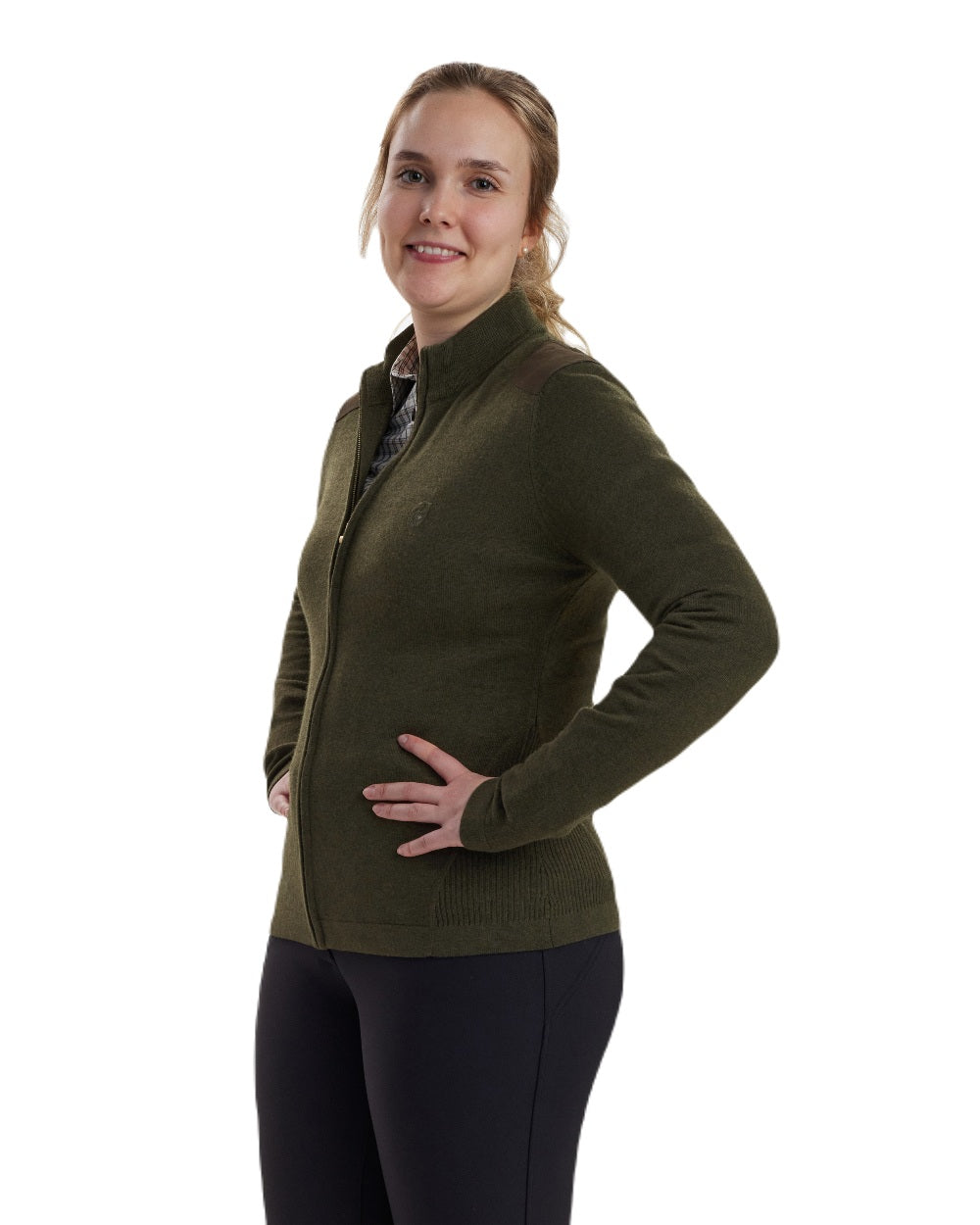Green Melange coloured Deerhunter Lady Darlington Full Zip Cardigan on white background #colour_green-melange
