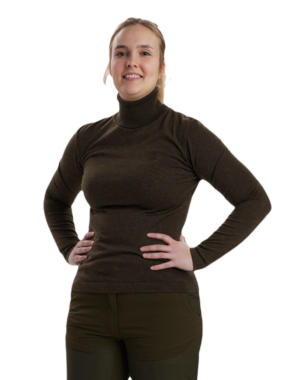Dark Elm coloured Deerhunter Lady Darlington Roll Neck on white background #colour_dark-elm