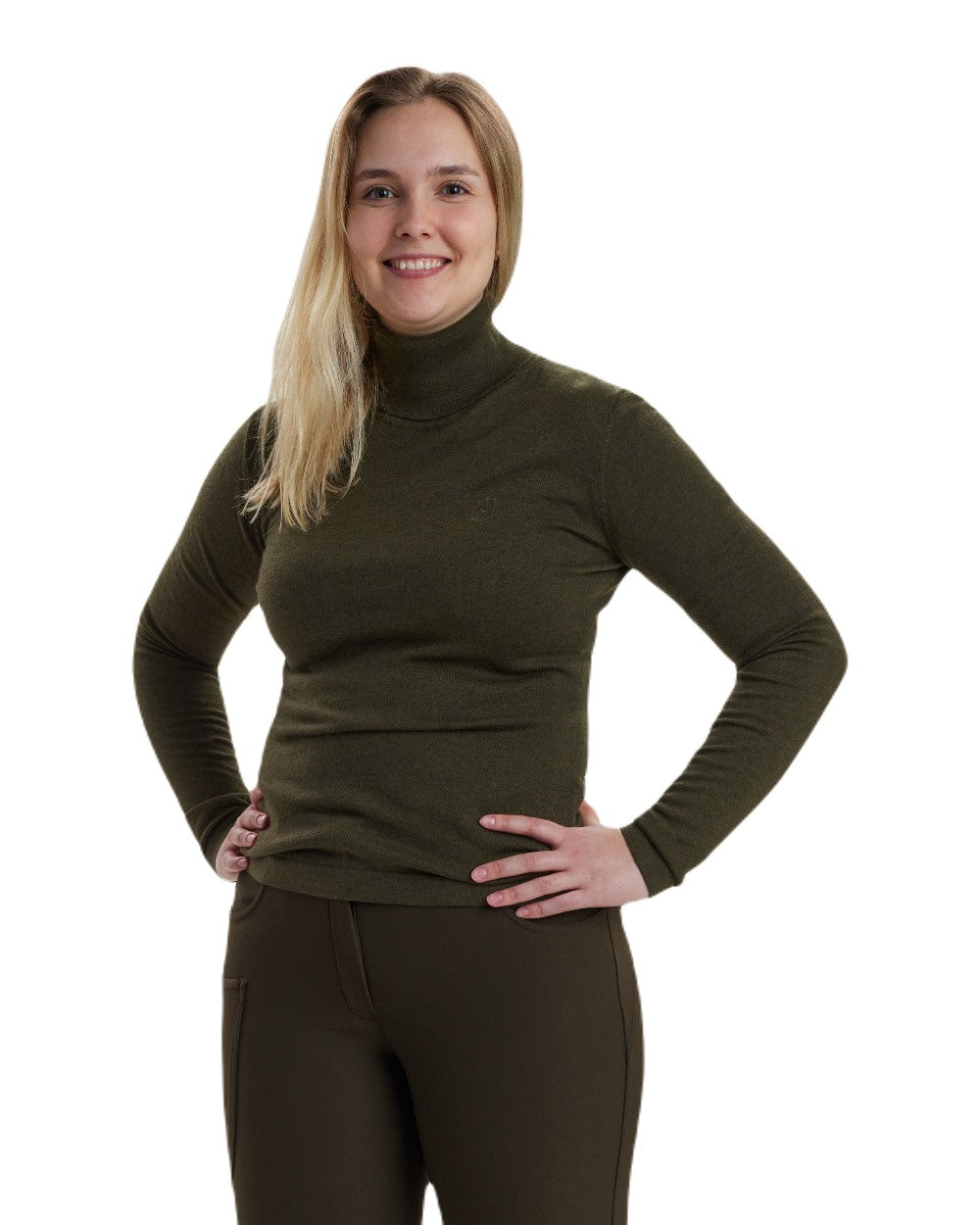 Green Melange coloured Deerhunter Lady Darlington Roll Neck on white background #colour_green-melange