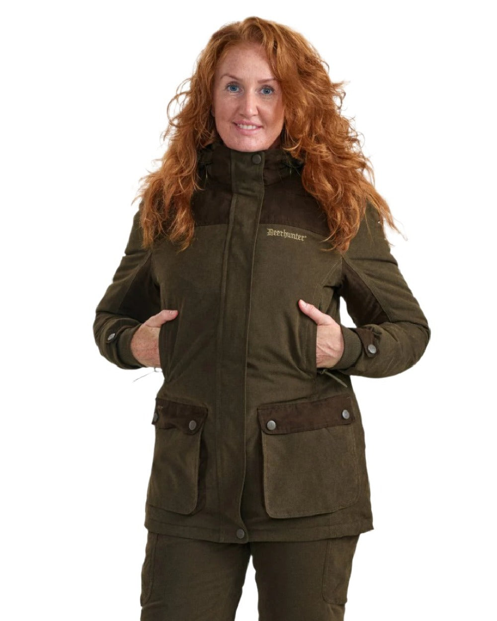 Tarmac Green coloured Deerhunter Lady Eagle Winter Jacket on blurry background #colour_tarmac-green