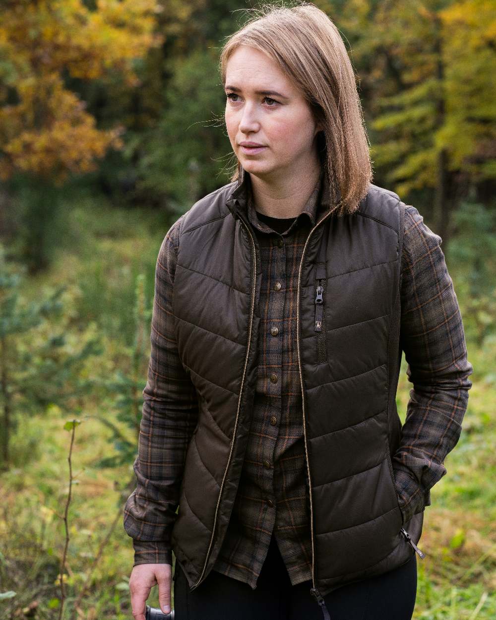 Green Check coloured Deerhunter Lady Emery Shirt on forest background #colour_green-check