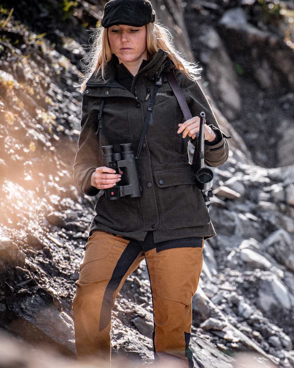 Peat Coloured Deerhunter Lady Gabby Jacket on rock background #colour_peat
