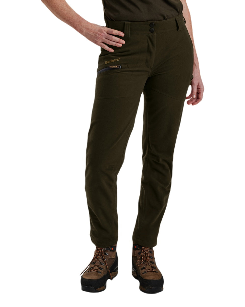 Peat coloured Deerhunter Lady Gabby Waterproof Boot Trousers on white background #colour_peat
