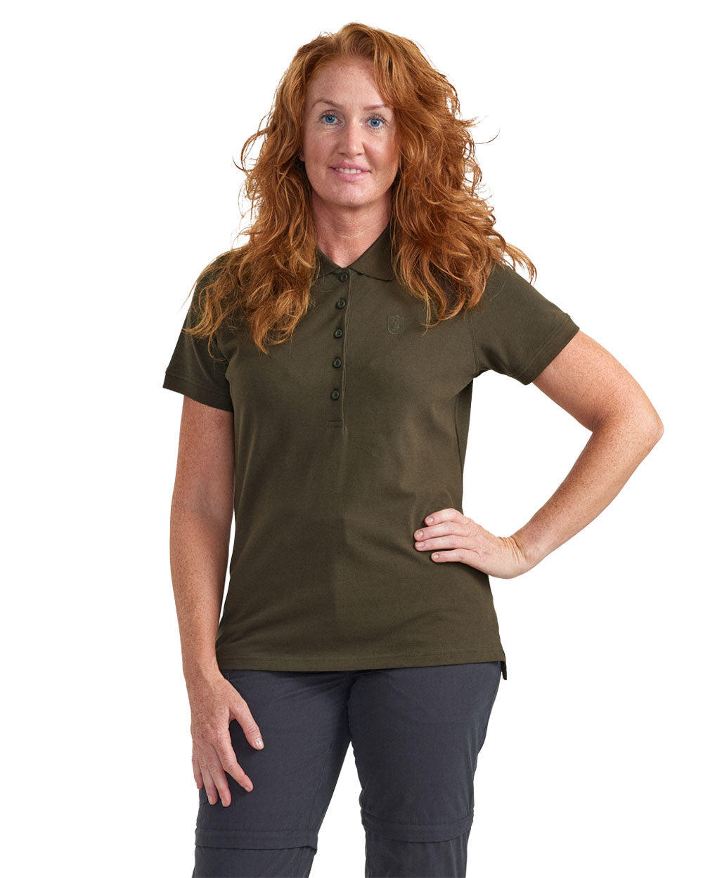 Deep Green coloured Deerhunter Harriet Polo Shirt on white background #colour_deep-green