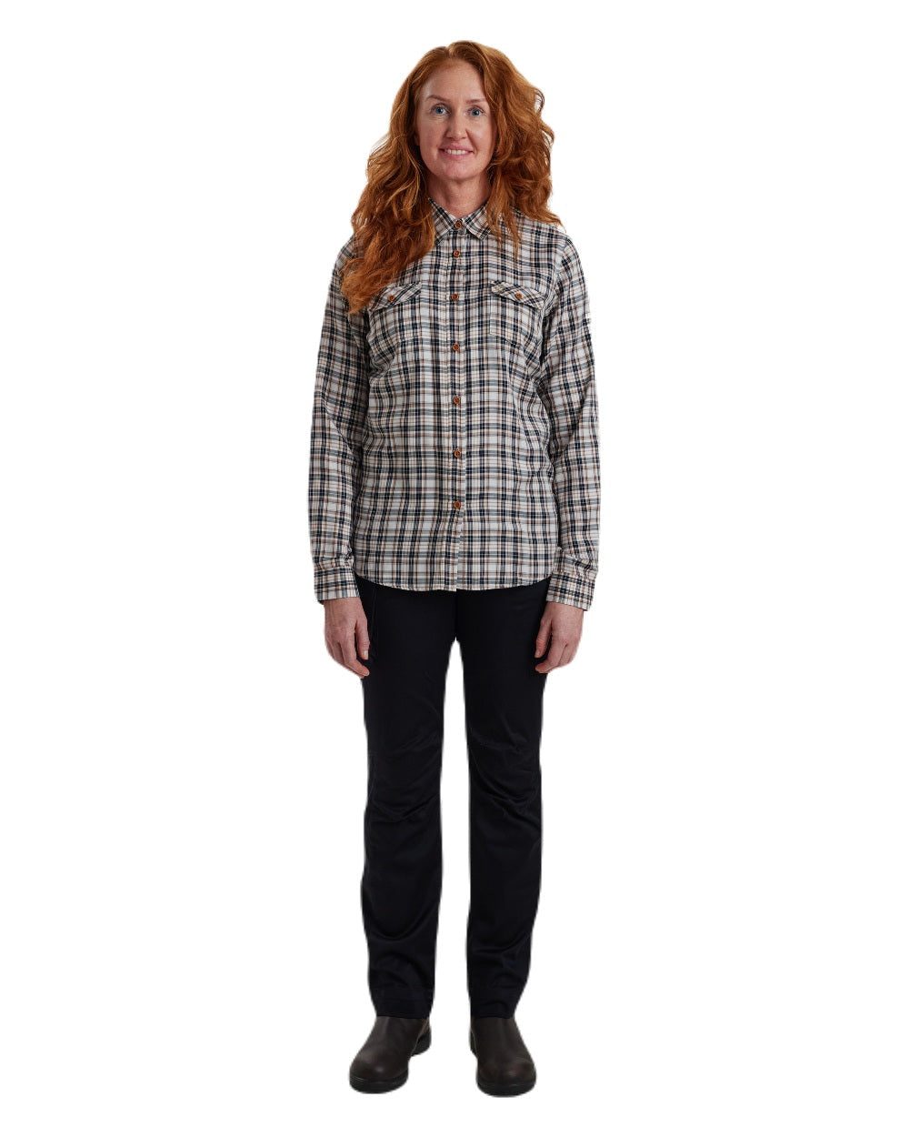 Blue Check coloured Deerhunter Lady Julia Shirt on white background #colour_blue-check