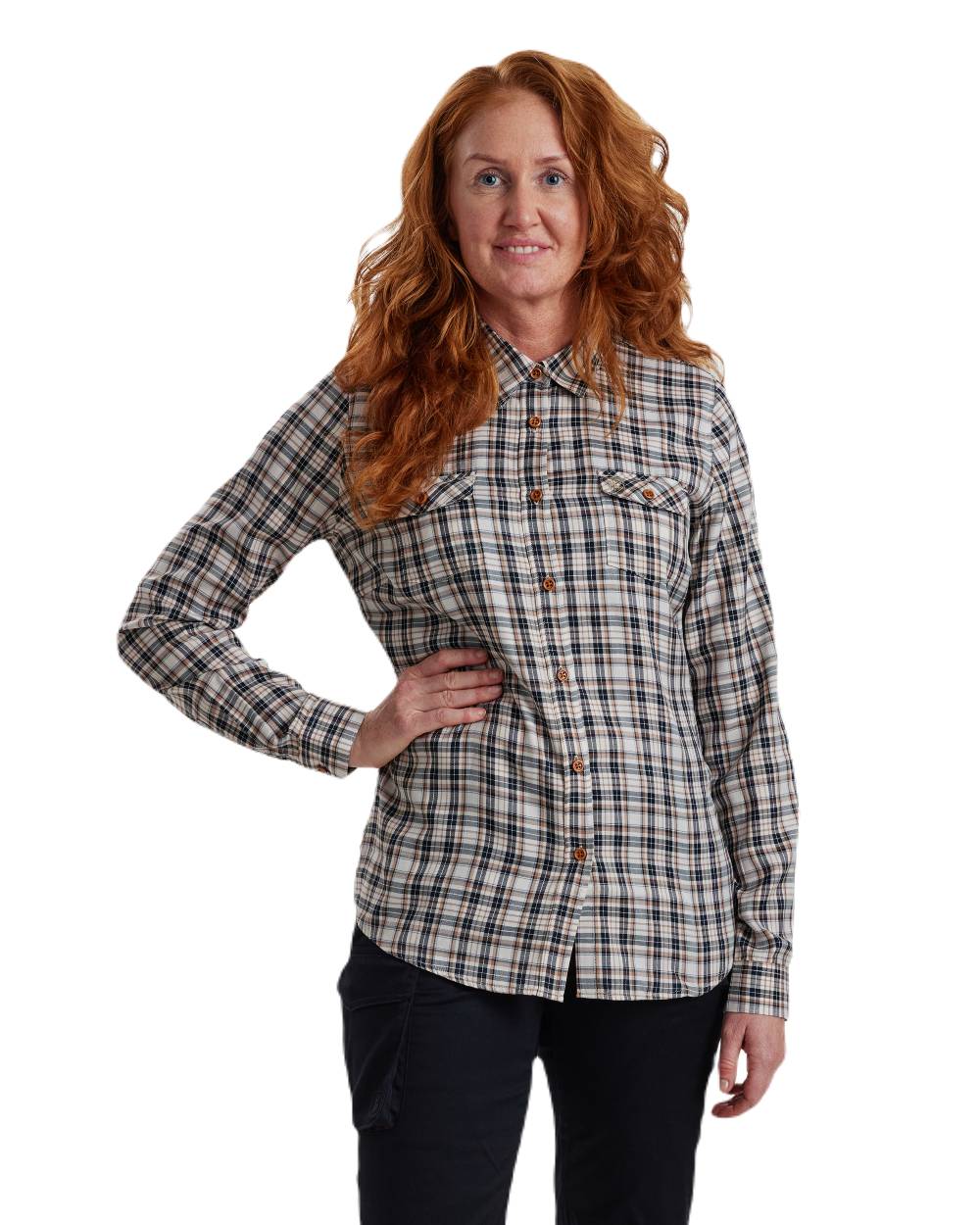 Blue Check coloured Deerhunter Lady Julia Shirt on white background #colour_blue-check