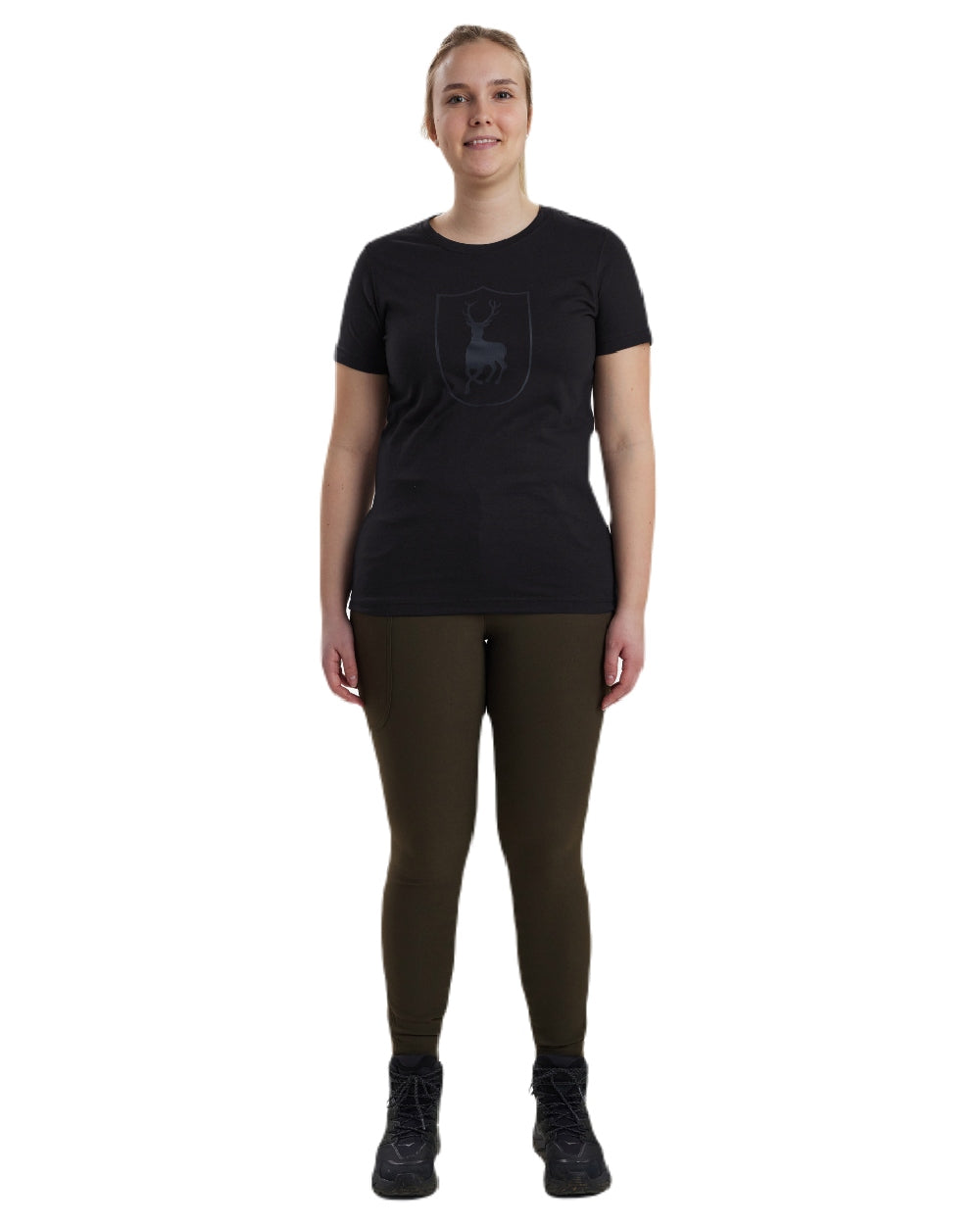 Black coloured Deerhunter Lady Logo T-Shirt on white background #colour_black