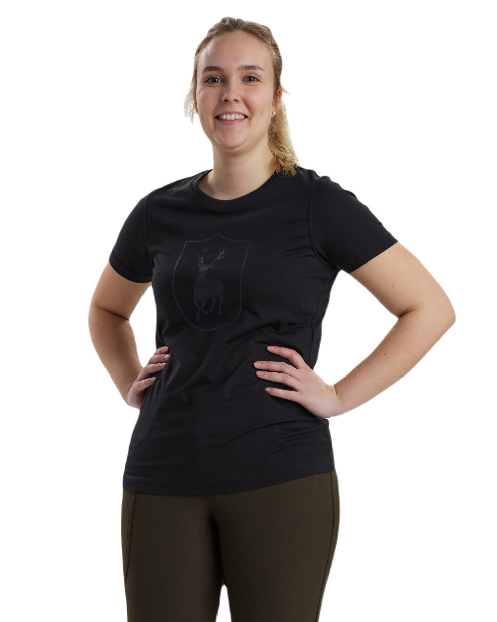 Black coloured Deerhunter Lady Logo T-Shirt on white background #colour_black