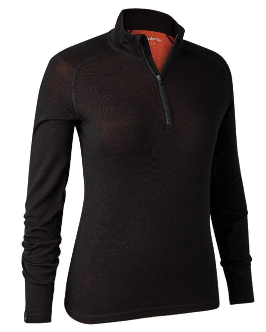 Black Oak coloured Deerhunter Lady Quinn Merino Half Zip Undershirt on white background #colour_black-oak