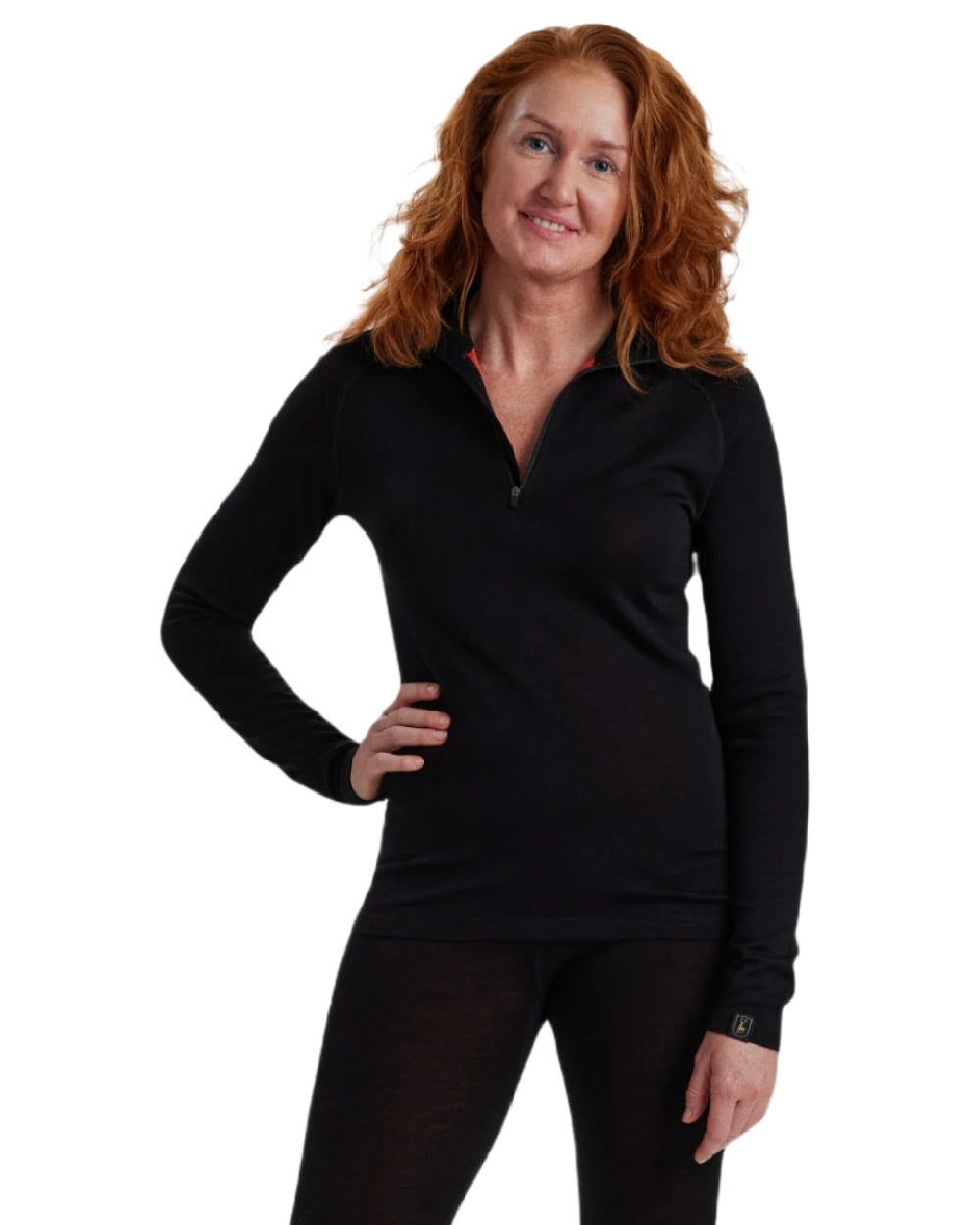 Black Oak coloured Deerhunter Lady Quinn Merino Half Zip Undershirt on white background #colour_black-oak