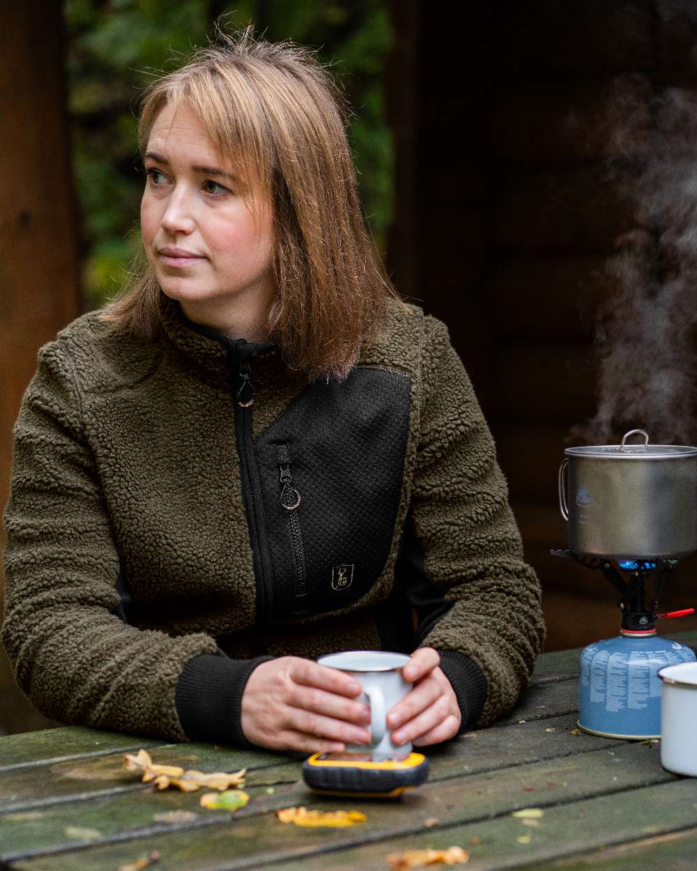Adventure Green Coloured Deerhunter Lady Roja Fiber Pile Jacket On A Blurry Background #colour_adventure-green