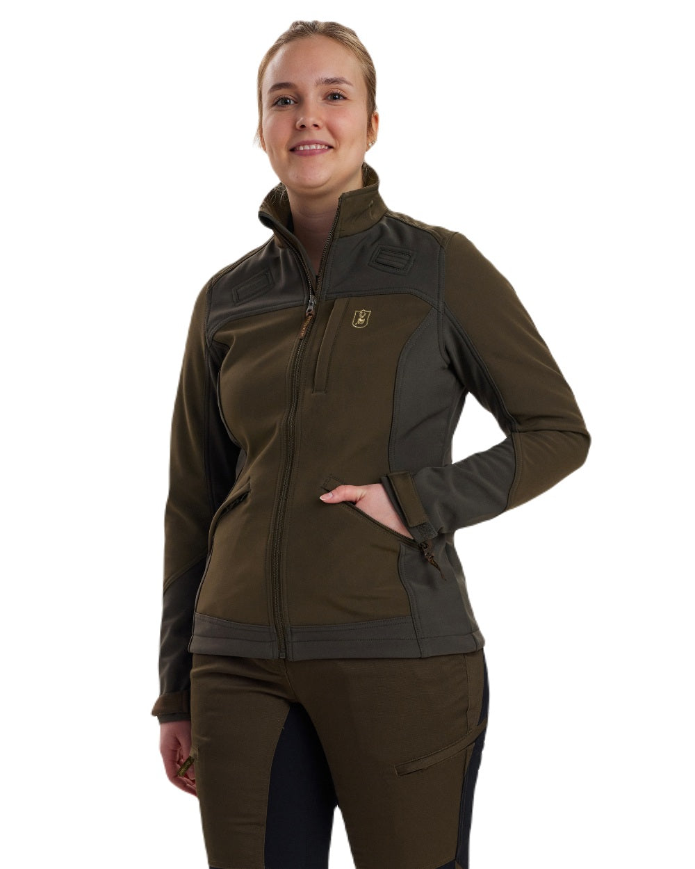 Fallen Leaf coloured Deerhunter Lady Roja Softshell Jacket on white background #colour_fallen-leaf