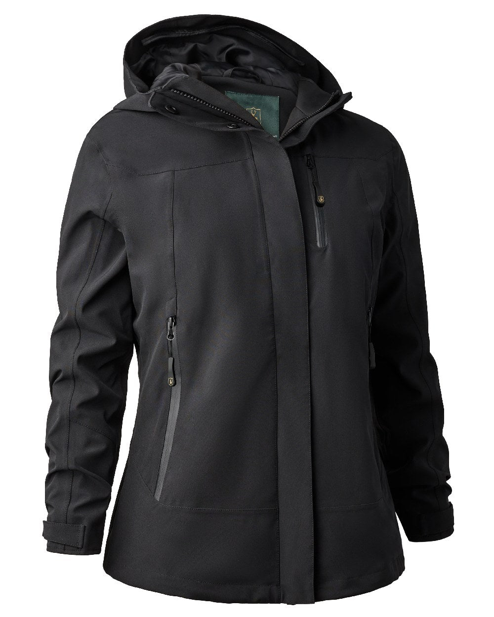 Black coloured Deerhunter Lady Sarek Shell Jacket with Hood on white background #colour_black