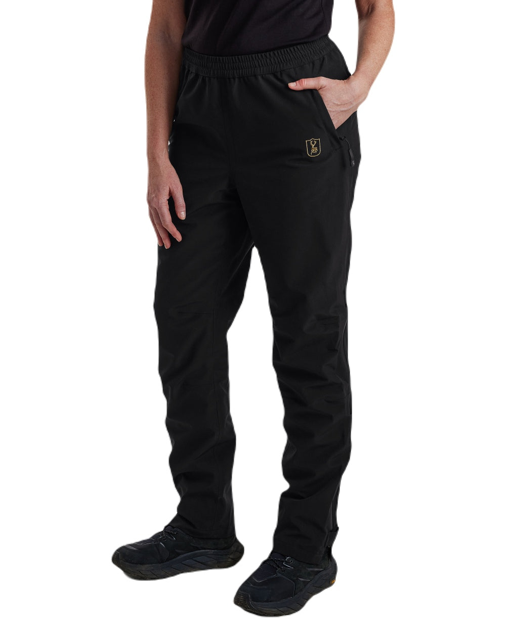 Black coloured Deerhunter Lady Sarek Shell Trousers on white background #colour_black