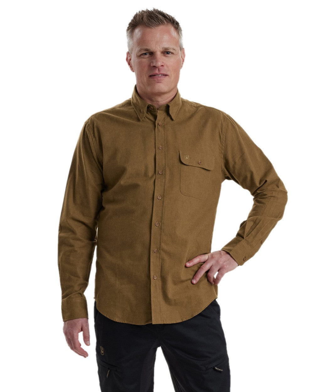 Ocher Brown coloured Deerhunter Liam Cotton Shirt on white background #colour_ocher-brown