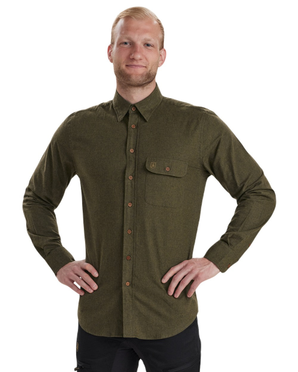 Tarmac Green coloured Deerhunter Liam Cotton Shirt on white background #colour_tarmac-green