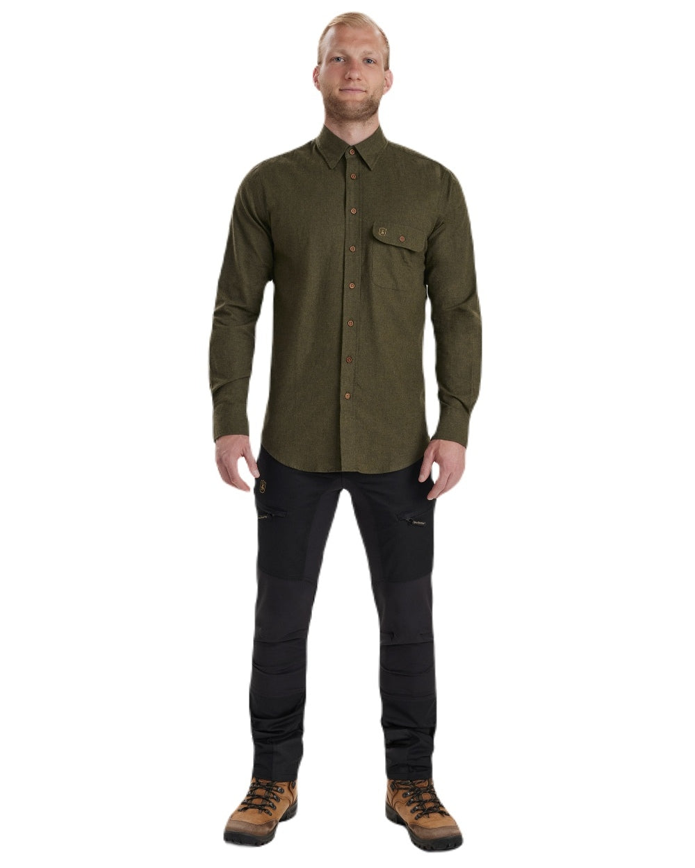 Tarmac Green coloured Deerhunter Liam Cotton Shirt on white background #colour_tarmac-green