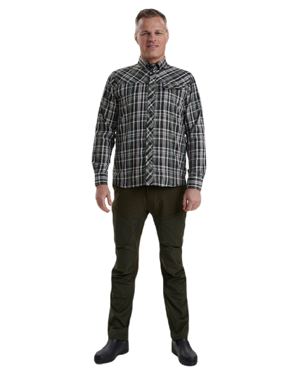 Green Check coloured Deerhunter Mateo Shirt on white background #colour_green-check
