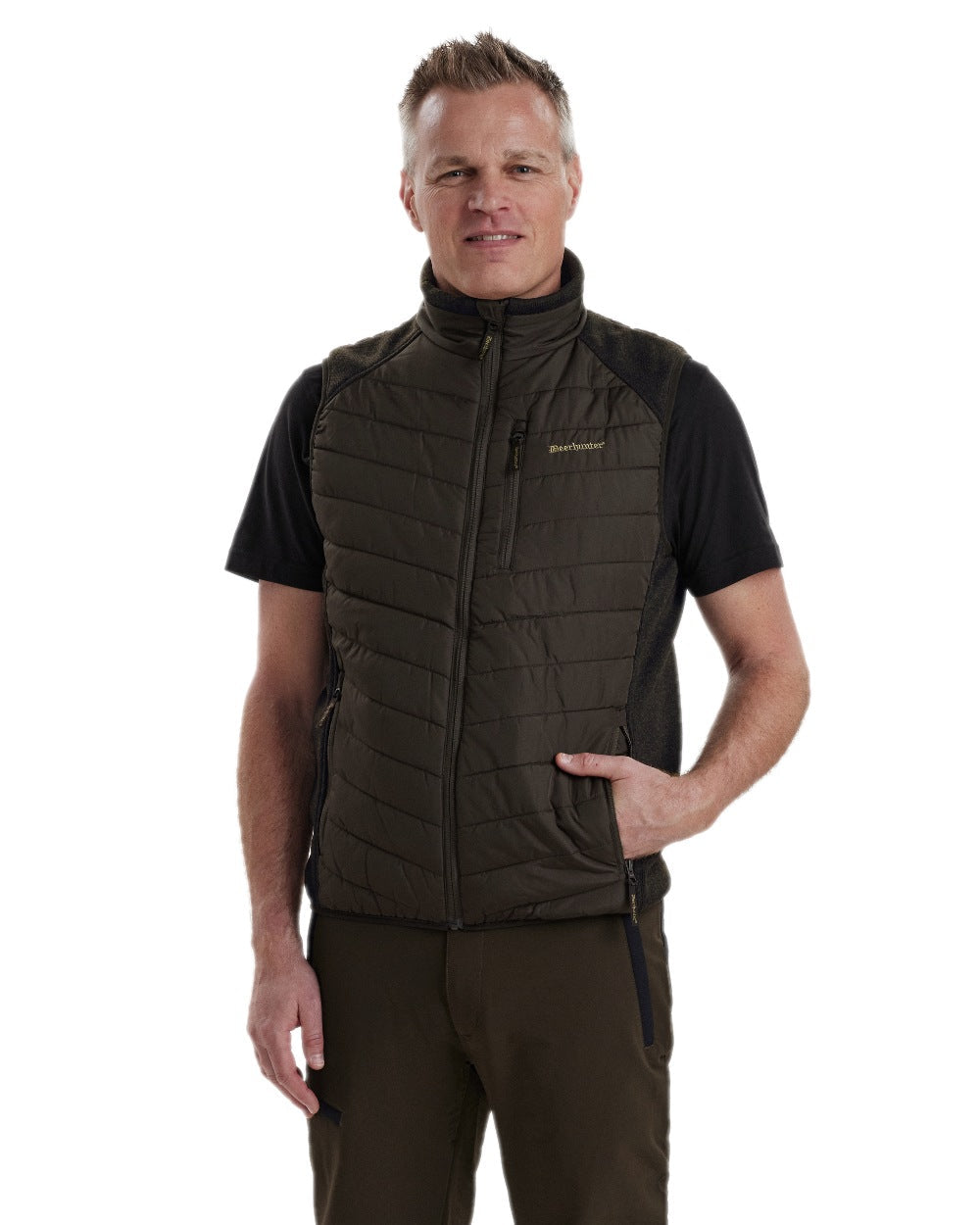 Brown Leaf Coloured Deerhunter Moor Padded Waistcoat with Knit on white background #colour_brown-leaf