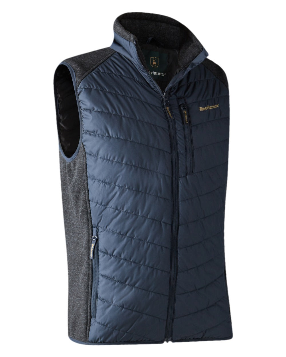 Dark Blue Coloured Deerhunter Moor Padded Waistcoat with Knit on white background #colour_dark-blue