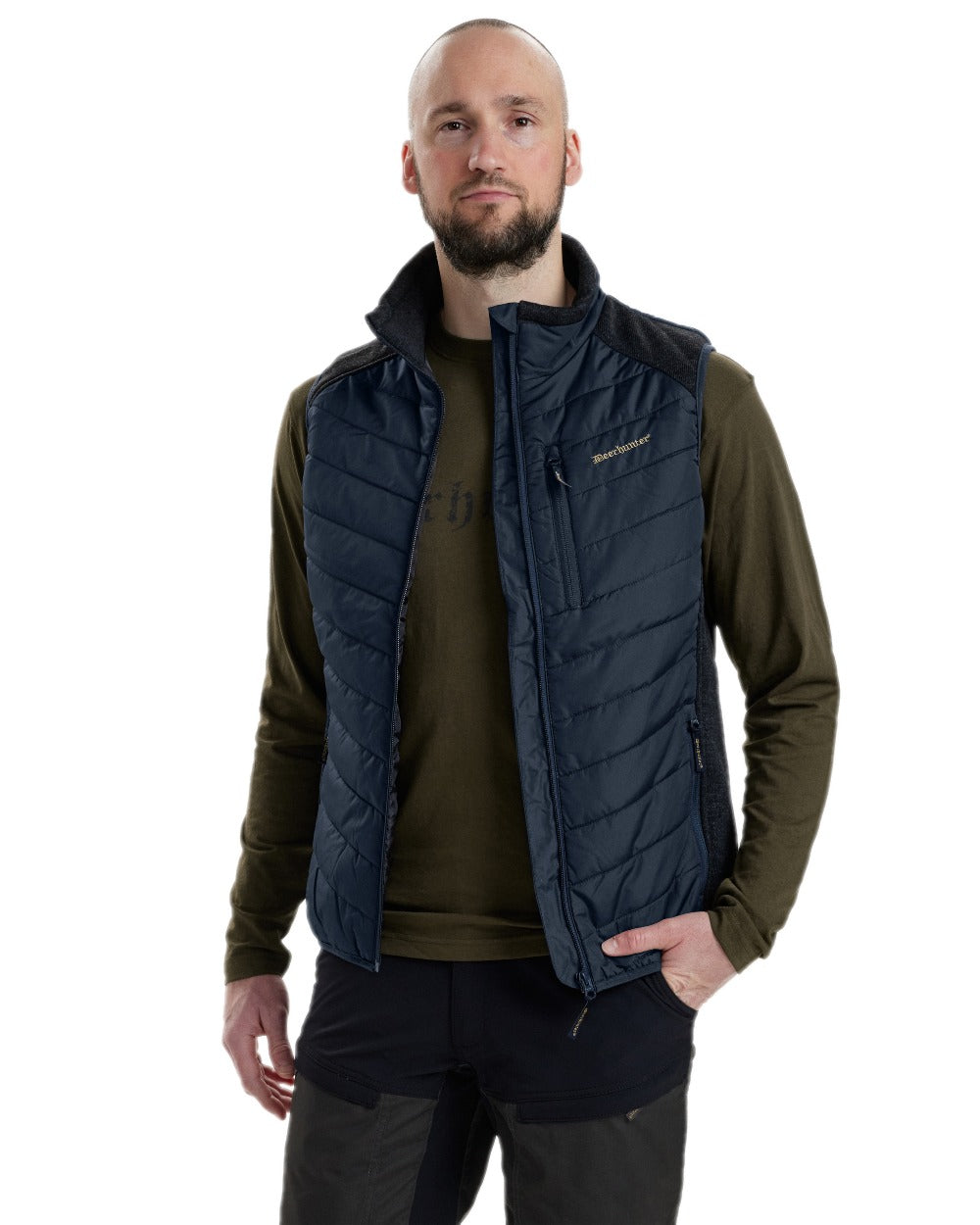 Dark Blue Coloured Deerhunter Moor Padded Waistcoat with Knit on white background #colour_dark-blue