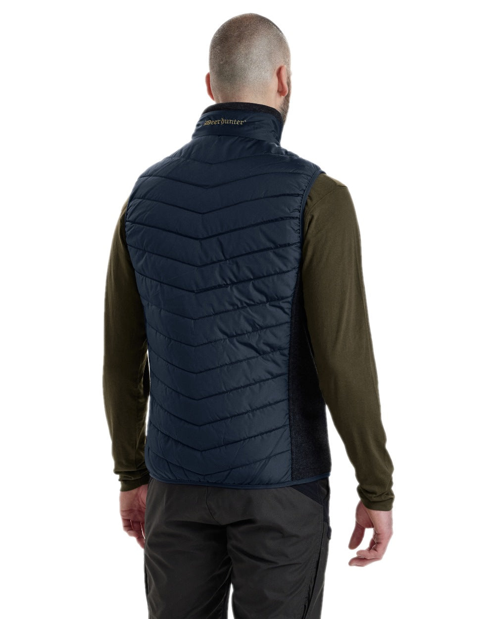 Dark Blue Coloured Deerhunter Moor Padded Waistcoat with Knit on white background #colour_dark-blue