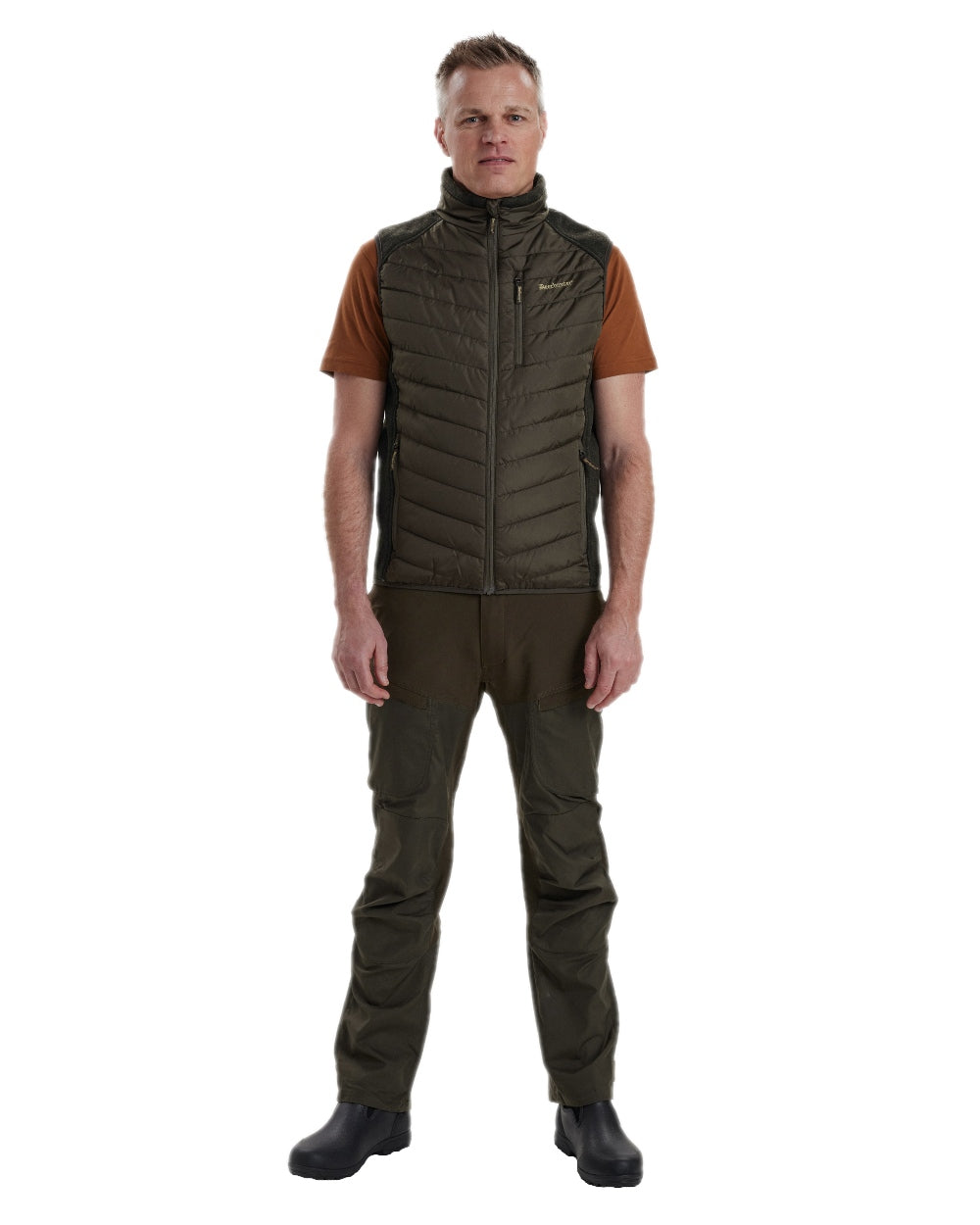 Timber Coloured Deerhunter Moor Padded Waistcoat with Knit on white background #colour_timber