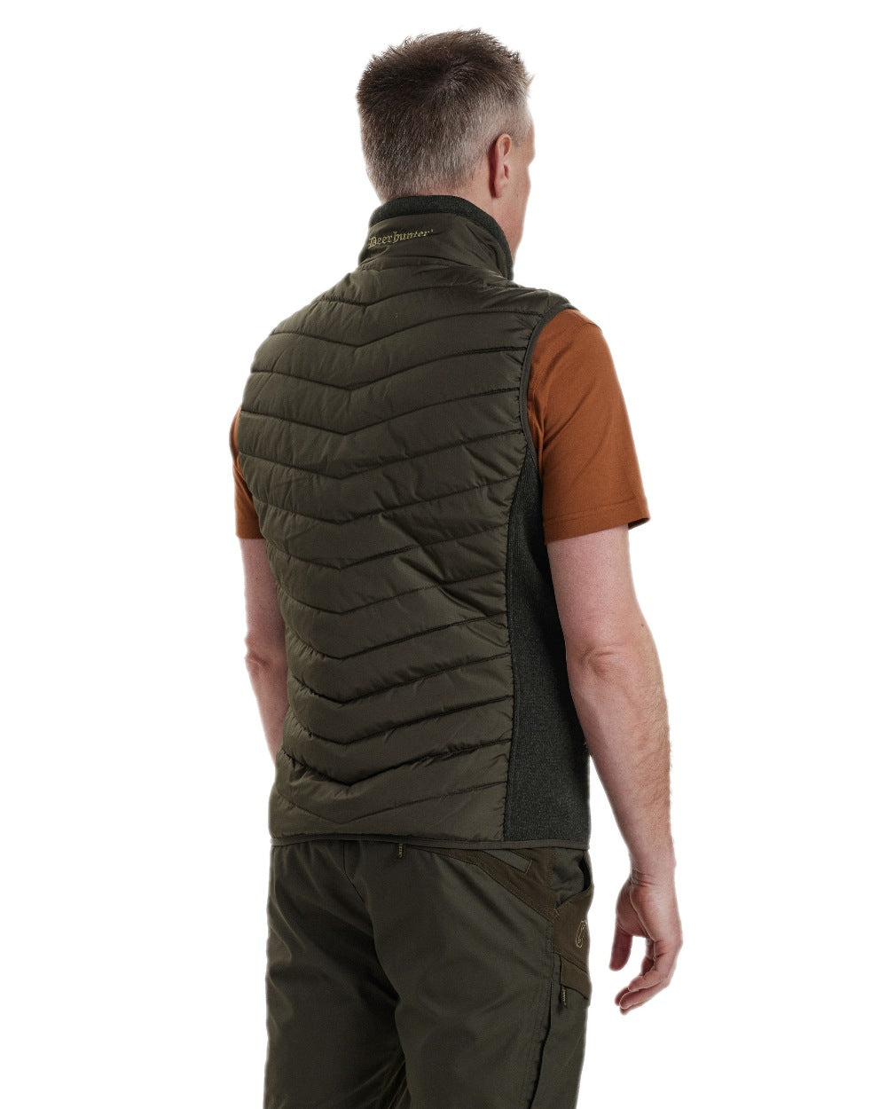 Timber Coloured Deerhunter Moor Padded Waistcoat with Knit on white background #colour_timber