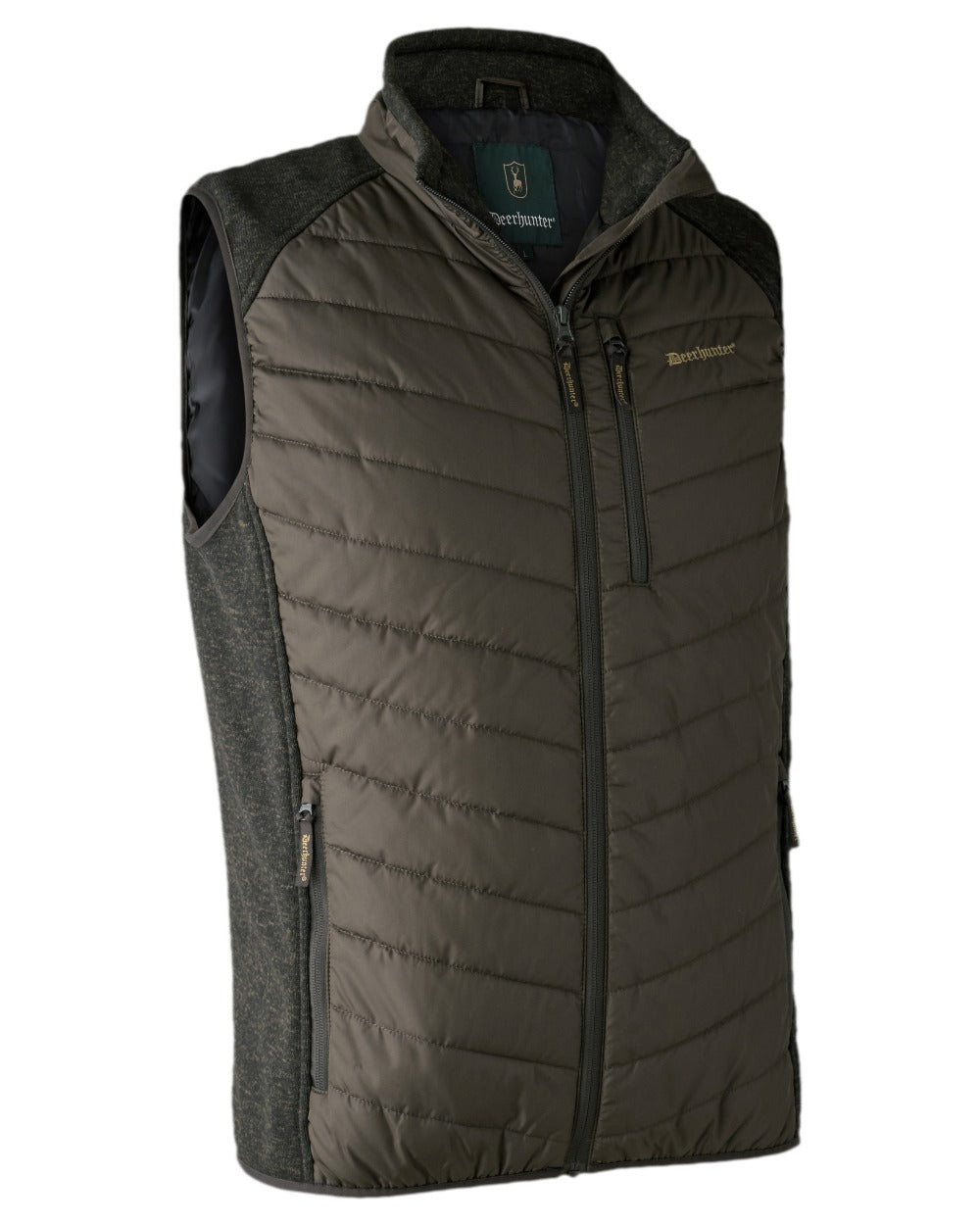 Timber Coloured Deerhunter Moor Padded Waistcoat with Knit on white background #colour_timber