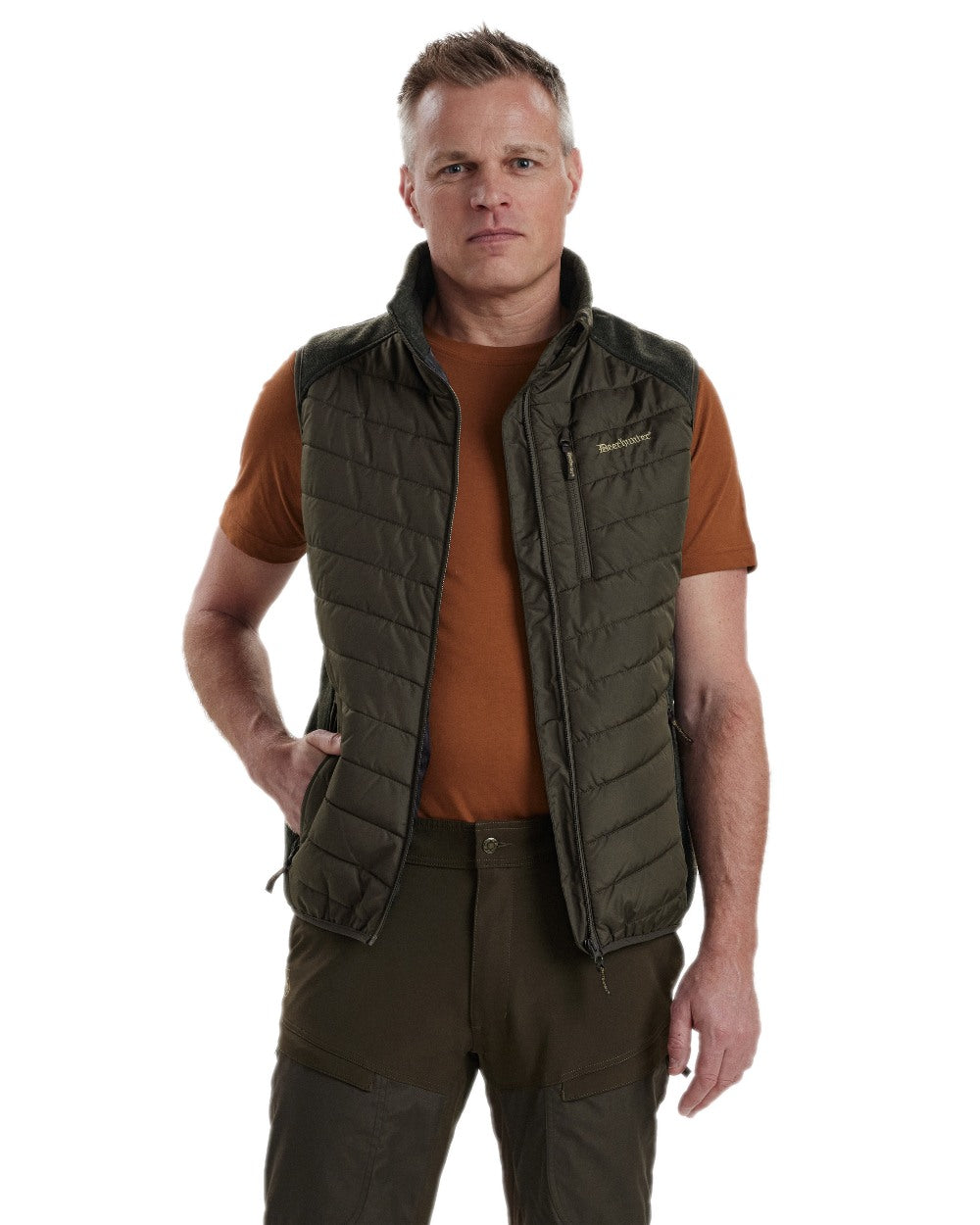 Timber Coloured Deerhunter Moor Padded Waistcoat with Knit on white background #colour_timber