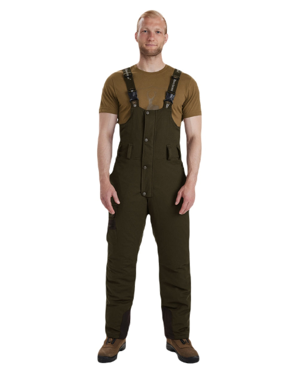 Art Green coloured Deerhunter Muflon Bib Trousers on white background #colour_art-green
